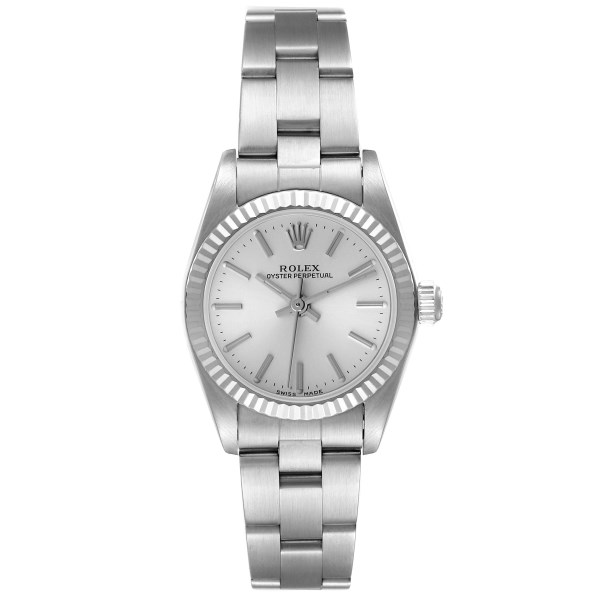 Rolex Oyster Perpetual Steel White Gold Silver Dial Ladies Watch 76094 Papers