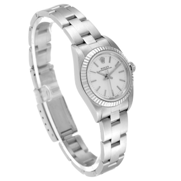 Rolex Oyster Perpetual Steel White Gold Silver Dial Ladies Watch 76094 Papers