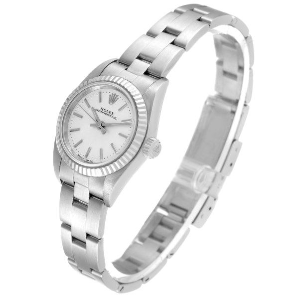 Rolex Oyster Perpetual Steel White Gold Silver Dial Ladies Watch 76094 Papers
