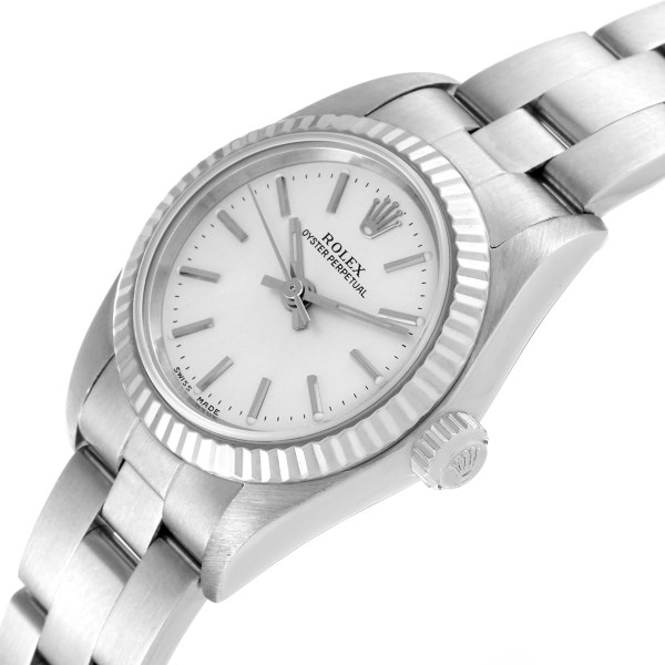 Rolex Oyster Perpetual Steel White Gold Silver Dial Ladies Watch 76094 Papers