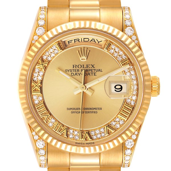 Rolex President Day Date Yellow Gold Myriad Dial Diamond Lugs Mens Watch 118338 Box