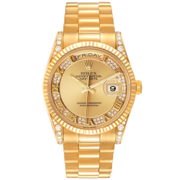Rolex President Day Date Yellow Gold Myriad Dial Diamond Lugs Mens Watch 118338 Box