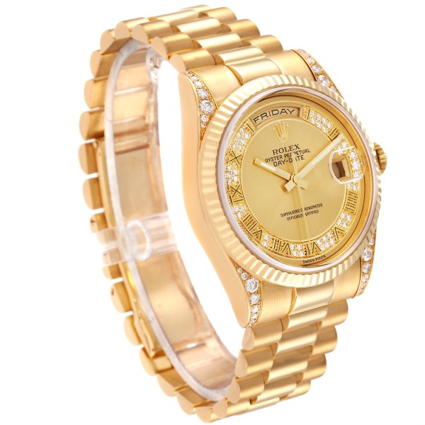 Rolex President Day Date Yellow Gold Myriad Dial Diamond Lugs Mens Watch 118338 Box