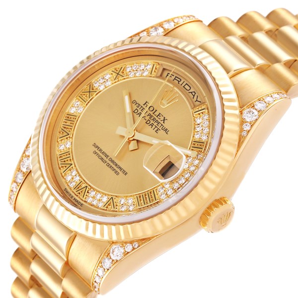 Rolex President Day Date Yellow Gold Myriad Dial Diamond Lugs Mens Watch 118338 Box