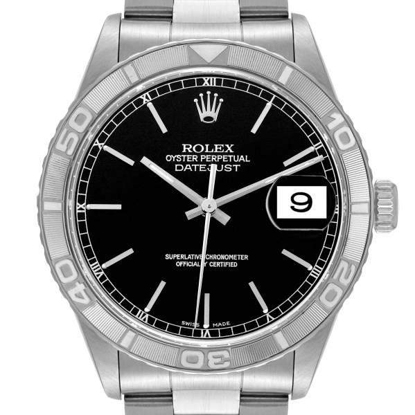 Rolex Turnograph Datejust Steel White Gold Black Dial Mens Watch 16264 Box Papers