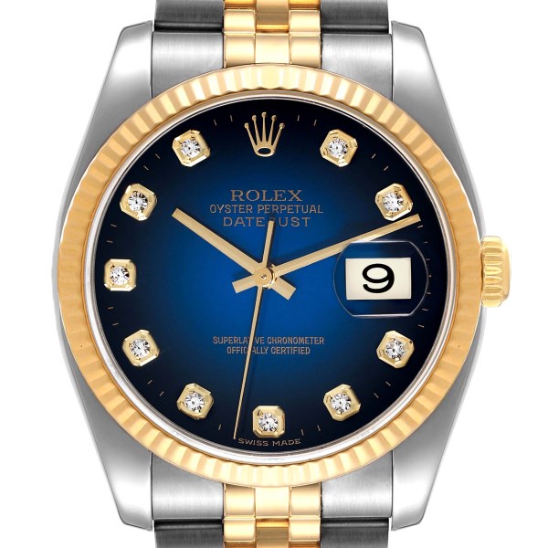 Rolex Datejust Steel Yellow Gold Blue Vignette Diamond Dial Mens Watch 116233