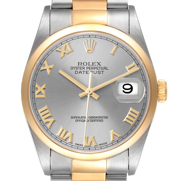 Rolex Datejust Steel Yellow Gold Slate Dial Mens Watch 16203 Box Papers