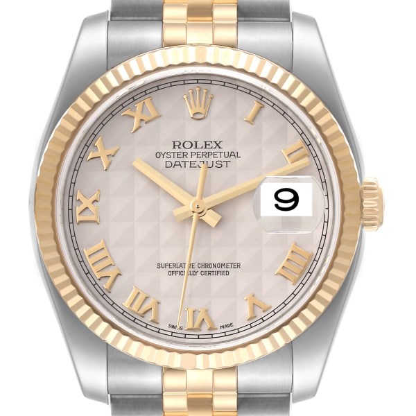 Rolex Datejust Steel Yellow Gold Pyramid Roman Dial Mens Watch 116233