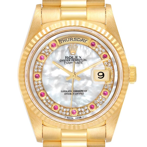 Rolex President Day-Date Yellow Gold Mother of Pearl Diamond Ruby Myriad Dial Watch 18238 Box