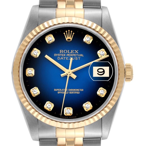 Rolex Datejust Steel Yellow Gold Blue Vignette Diamond Dial Mens Watch 16233