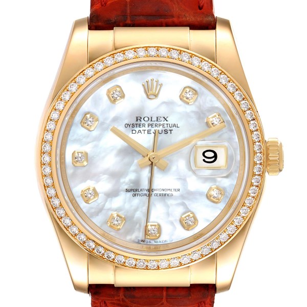 Rolex Datejust Yellow Gold Mother of Pearl Diamond Mens Watch 116188 Box Card