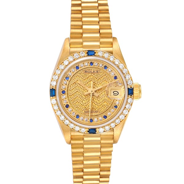Rolex President Datejust Yellow Gold Diamond Sapphire Ladies Watch 69088
