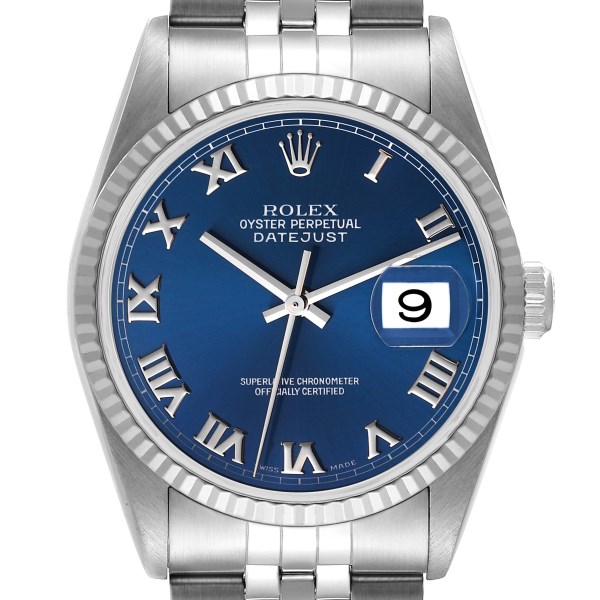 Rolex Datejust 36 Steel White Gold Fluted Bezel Blue Roman Dial Mens Watch 16234