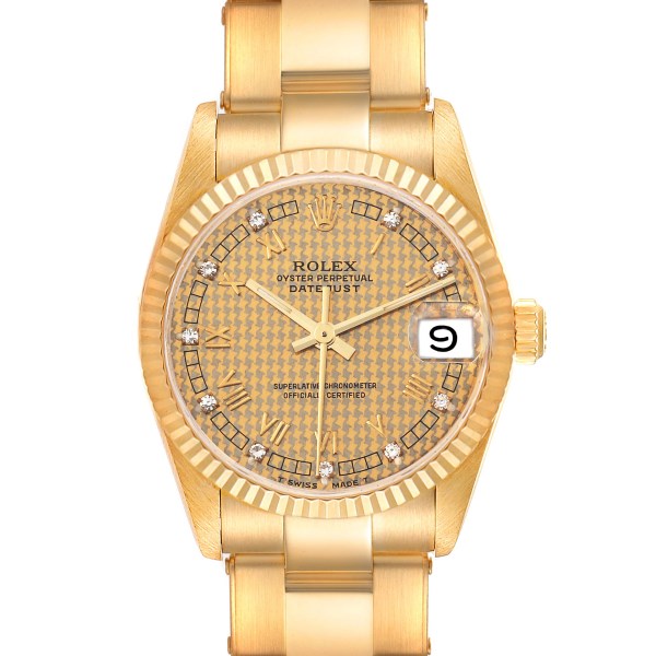 Rolex Datejust Midsize Yellow Gold Houndstooth Diamond Dial Ladies Watch 68278