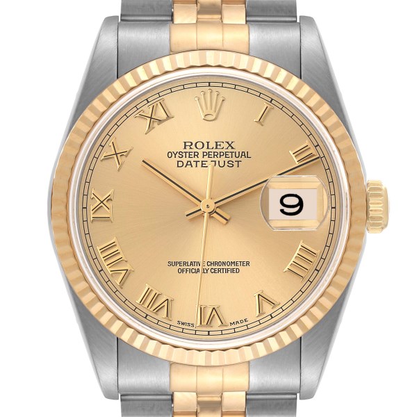 Rolex Datejust Steel Yellow Gold Champagne Roman Dial Mens Watch 16233