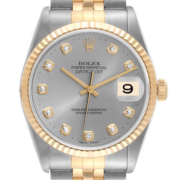 Rolex Datejust Steel Yellow Gold Diamond Dial Mens Watch 16233 Box Papers