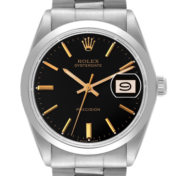 Rolex OysterDate Precision Black Gilt Dial Vintage Steel Mens Watch 6694