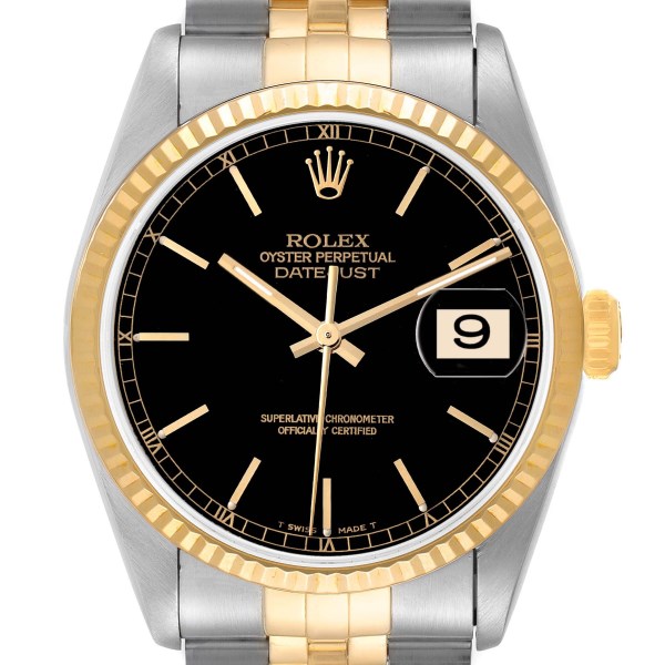 Rolex Datejust Steel Yellow Gold Black Dial Mens Watch 16233