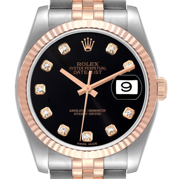 Rolex Datejust 36 Steel Rose Gold Black Diamond Dial Mens Watch 116231