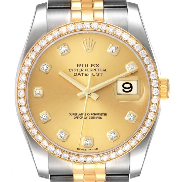 Rolex Datejust Steel Yellow Gold Champagne Diamond Dial Mens Watch 116243
