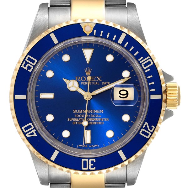 Rolex Submariner Blue Dial Steel Yellow Gold Mens Watch 16613 Box Card