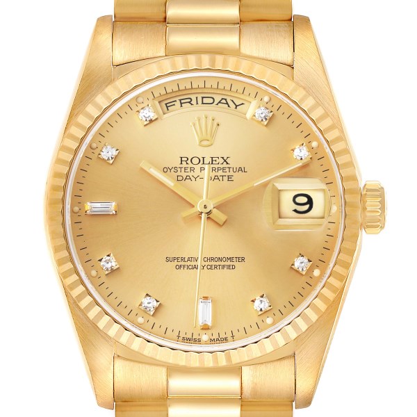 Rolex President Day-Date 36mm Yellow Gold Diamond Mens Watch 18238