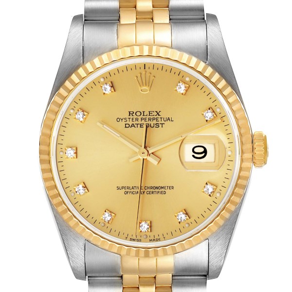 Rolex Datejust Steel Yellow Gold Champagne Diamond Dial Mens Watch 16233