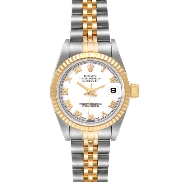 Rolex Datejust Steel Yellow Gold White Roman Dial Ladies Watch 69173 Box Papers