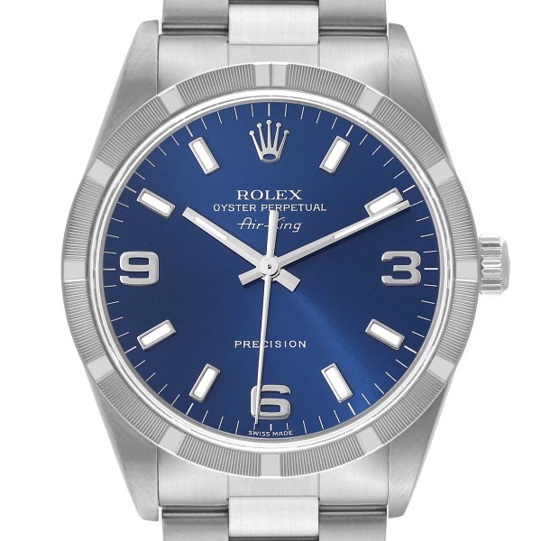 Rolex Air King 34mm Blue Dial Engine Turned Bezel Steel Mens Watch 14010
