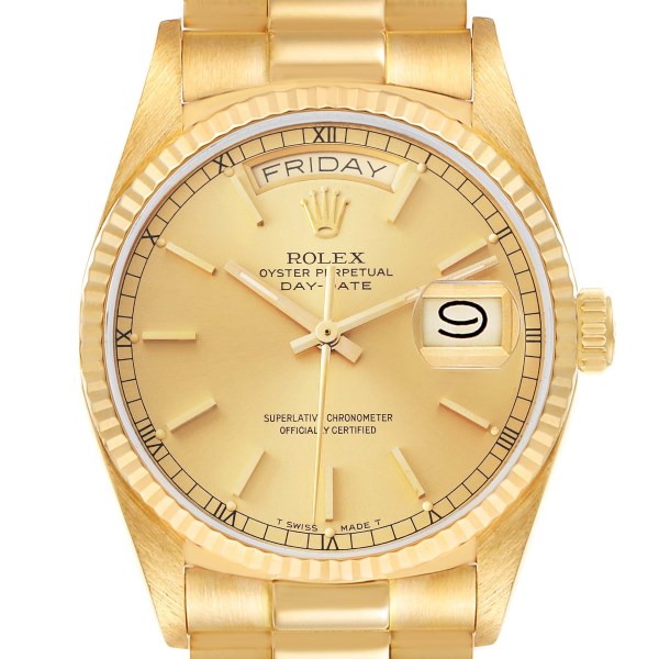 Rolex President Day-Date Yellow Gold Champagne Dial Mens Watch 18038 Box Papers