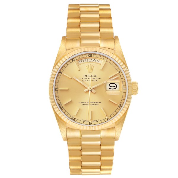 Rolex President Day-Date Yellow Gold Champagne Dial Mens Watch 18038 Box Papers