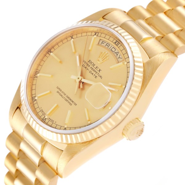 Rolex President Day-Date Yellow Gold Champagne Dial Mens Watch 18038 Box Papers