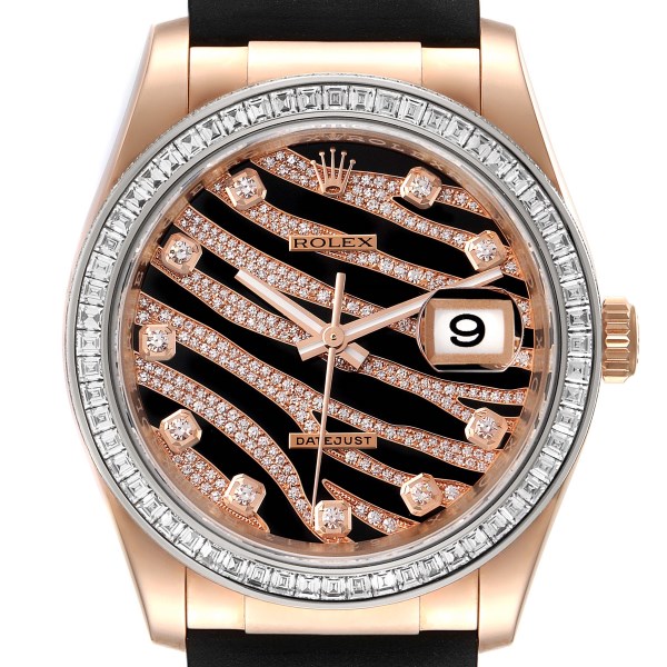 Rolex Datejust Zebra Pave Diamond Dial Rose Gold Mens Watch 116185