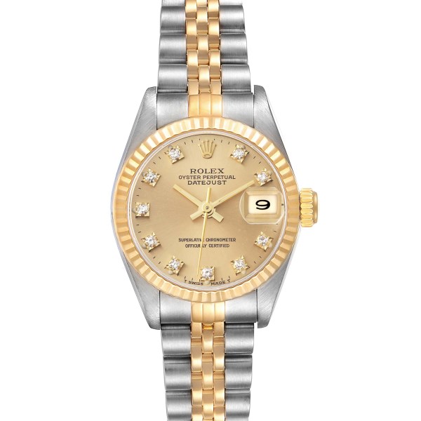 Rolex Datejust Steel Yellow Gold Champagne Diamond Dial Ladies Watch 69173