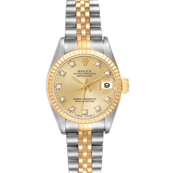 Rolex Datejust Steel Yellow Gold Champagne Diamond Dial Ladies Watch 69173