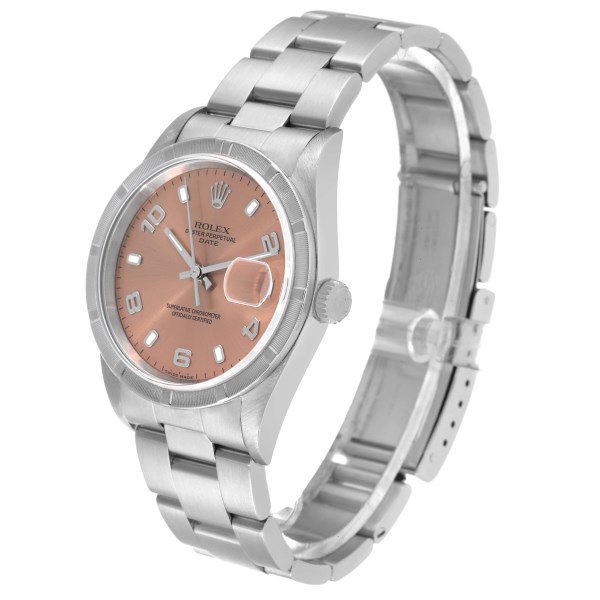 Rolex Date Salmon Dial Engine Turned Bezel Steel Mens Watch 15210