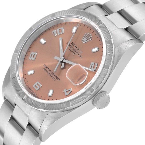 Rolex Date Salmon Dial Engine Turned Bezel Steel Mens Watch 15210