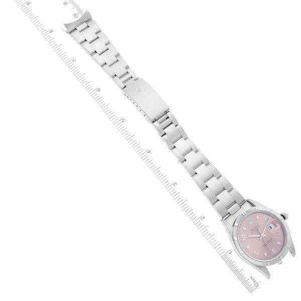 Rolex Date Salmon Dial Engine Turned Bezel Steel Mens Watch 15210