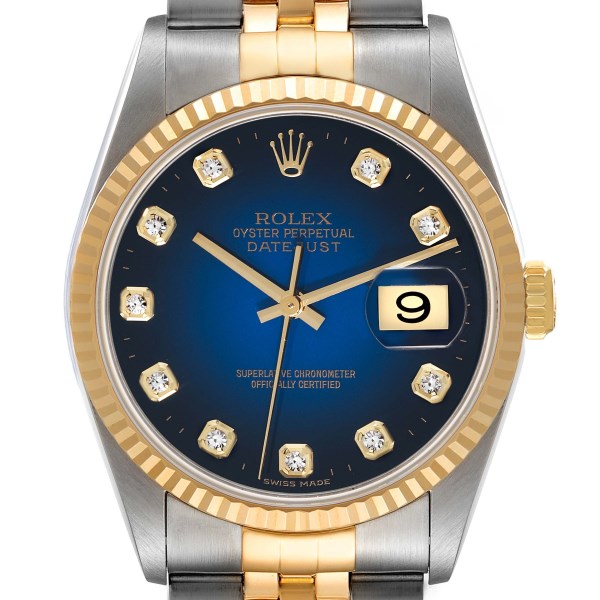 Rolex Datejust Steel Yellow Gold Blue Vignette Diamond Dial Mens Watch 16233