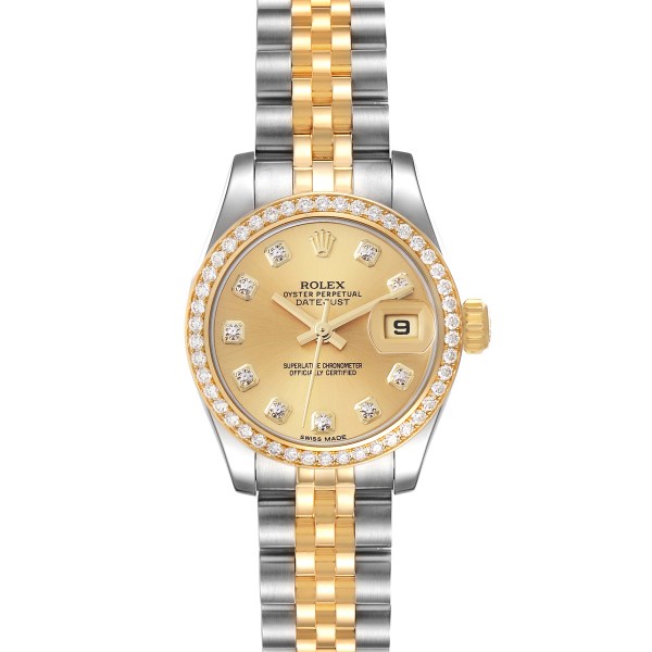 Rolex Datejust 26 Steel Yellow Gold Diamond Bezel Ladies Watch 179383 Box Card
