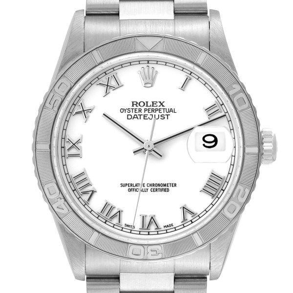 Rolex Datejust Turnograph Steel White Gold White Roman Dial Mens Watch 16264