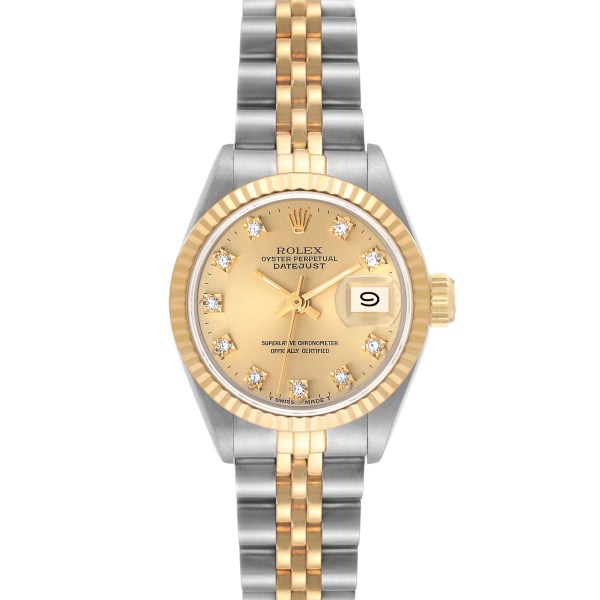 Rolex Datejust Steel Yellow Gold Champagne Diamond Dial Ladies Watch 69173
