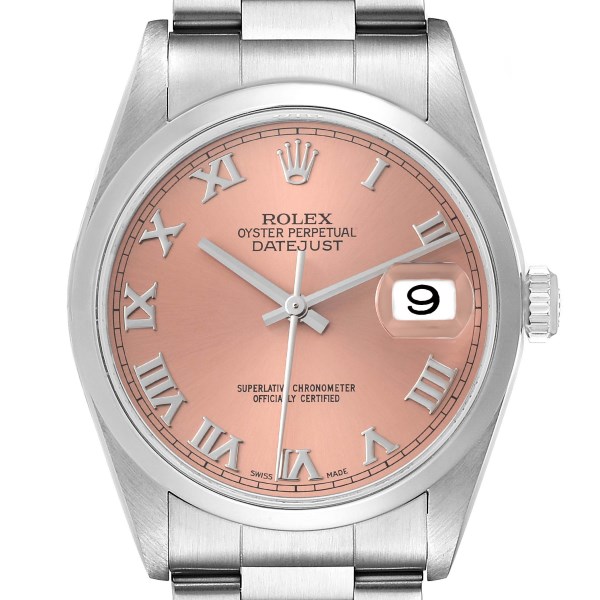 Rolex Datejust 36 Salmon Roman Dial Smooth Bezel Steel Mens Watch 16200 Box Papers Rolex Datejust 36 Salmon Roman Dial Smooth Bezel Steel Mens Watch 16200 Box Papers