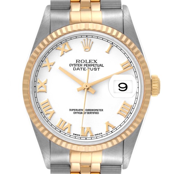 Rolex Datejust Steel Yellow Gold White Roman Dial Mens Watch 16233