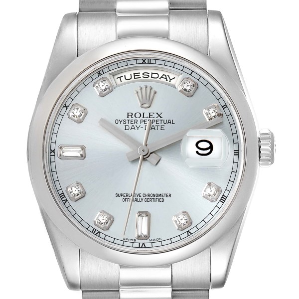 Rolex Day-Date President Platinum Ice Blue Diamond Dial Mens Watch 118206