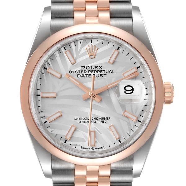 Rolex Datejust 36 Steel Rose Gold Silver Palm Dial Mens Watch 126201 Unworn
