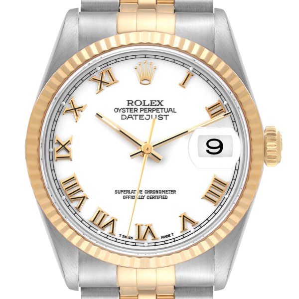 Rolex Datejust Steel Yellow Gold White Roman Dial Mens Watch 16233