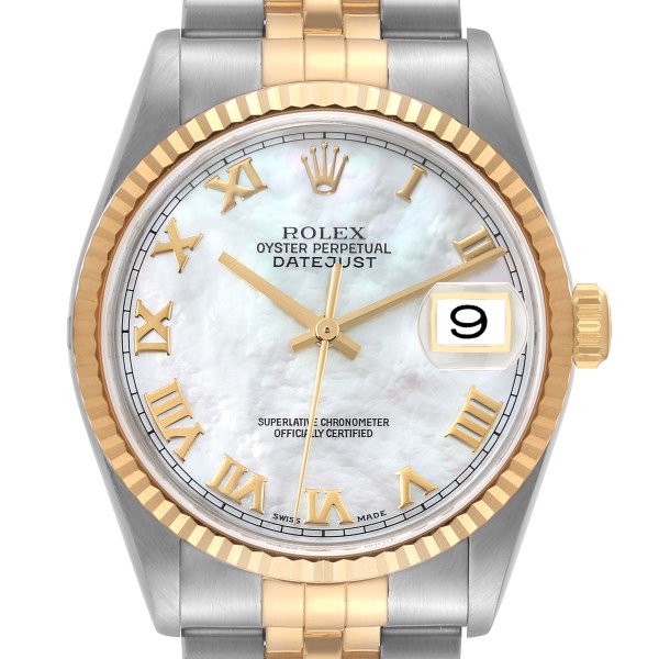 Rolex Datejust Steel Yellow Gold Mother of Pearl Roman Dial Mens Watch 16233