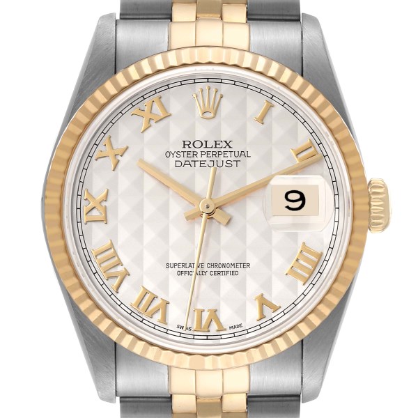 Rolex Datejust Steel Yellow Gold Pyramid Dial Mens Watch 16233 Box Papers
