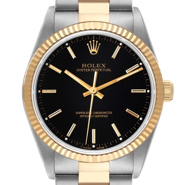 Rolex Oyster Perpetual Steel Yellow Gold Black Dial Mens Watch 14233